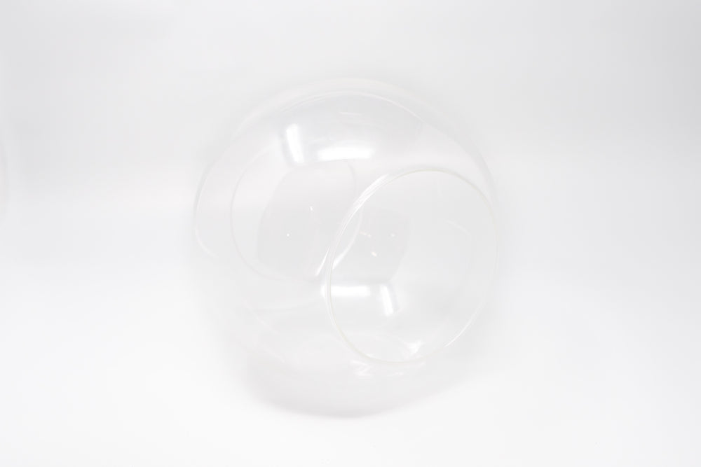 large glass globe terrarium with two open ends