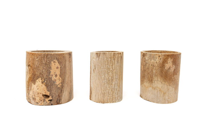 three small driftwood containers