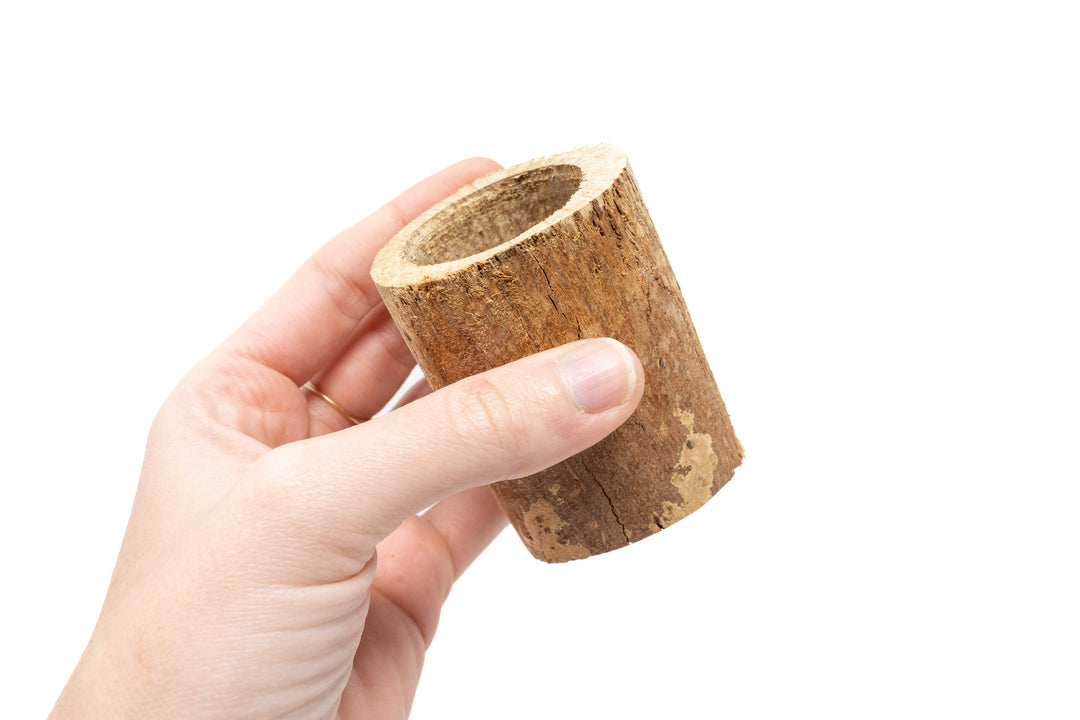 hand holding small driftwood container with varying wood shades