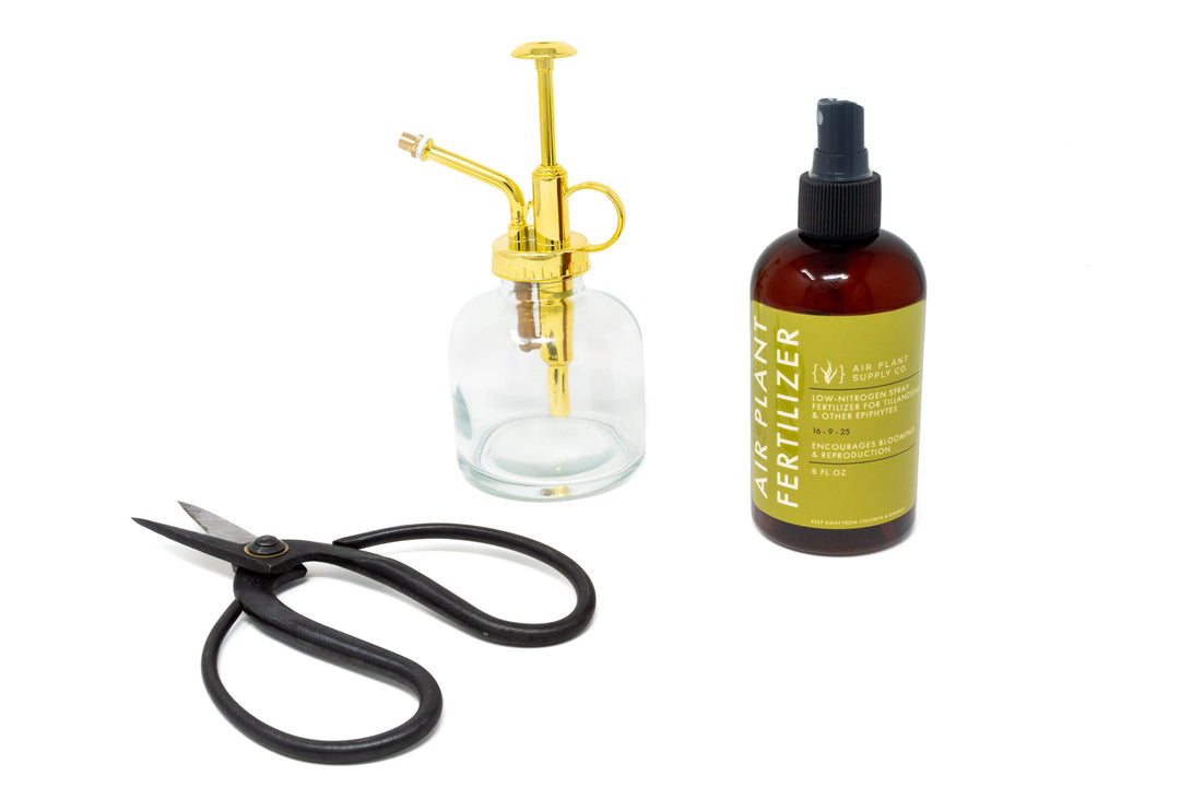 glass mister, 8 oz  ready-to-use fertilizer, and pruning scissors