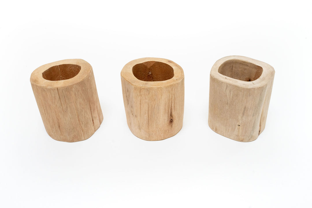 three driftwood containers